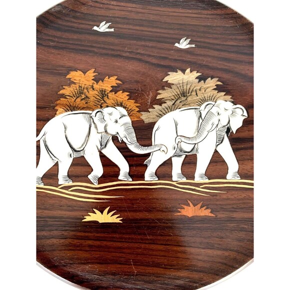 Vintage Handmade Wood Inlaid Elephants 9" Round Plate Dish Safari Decor - Picture 2 of 6